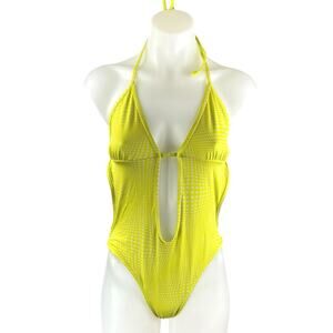 Frankies Bikinis Amanda Neon Green Dotted Halter One Piece Bikini Swimsuit Sz L